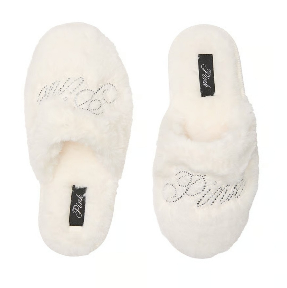 PINK Victoria's Secret Faux Fur Closed Toe Bling Logo Slippers.
